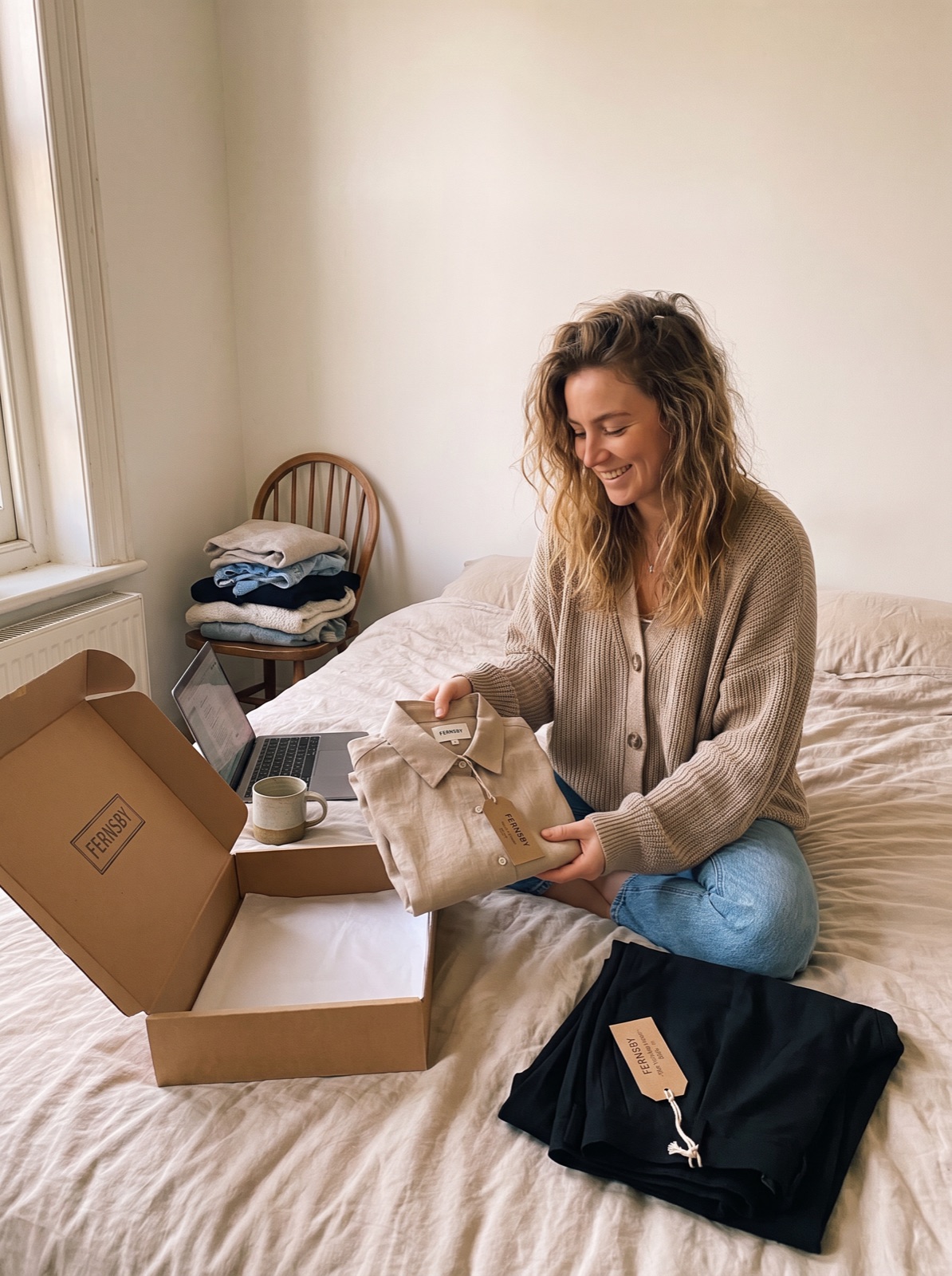 A fashion creator unboxing a linen shirt a brand sent her