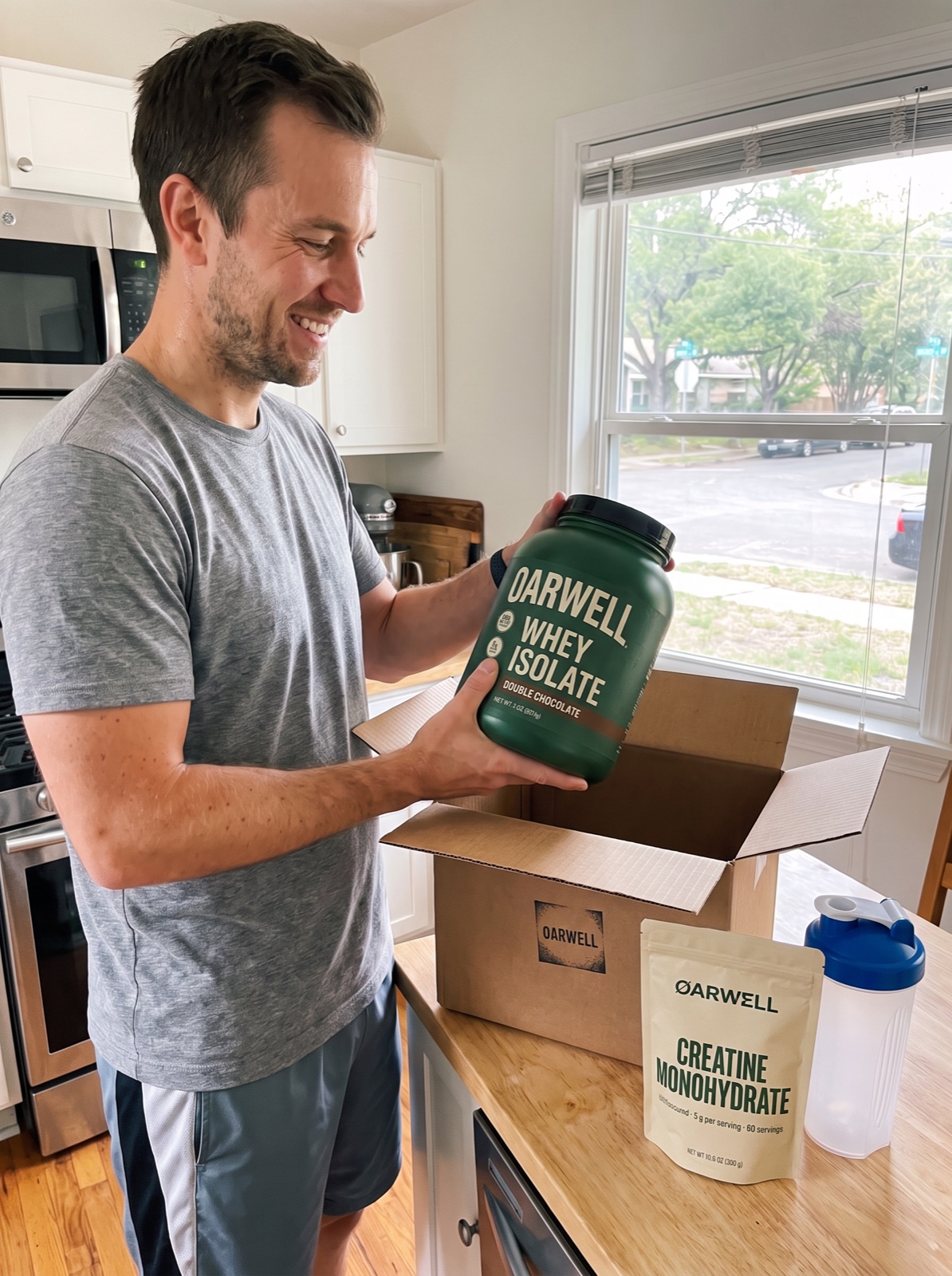 A fitness creator unboxing protein and creatine a brand sent him